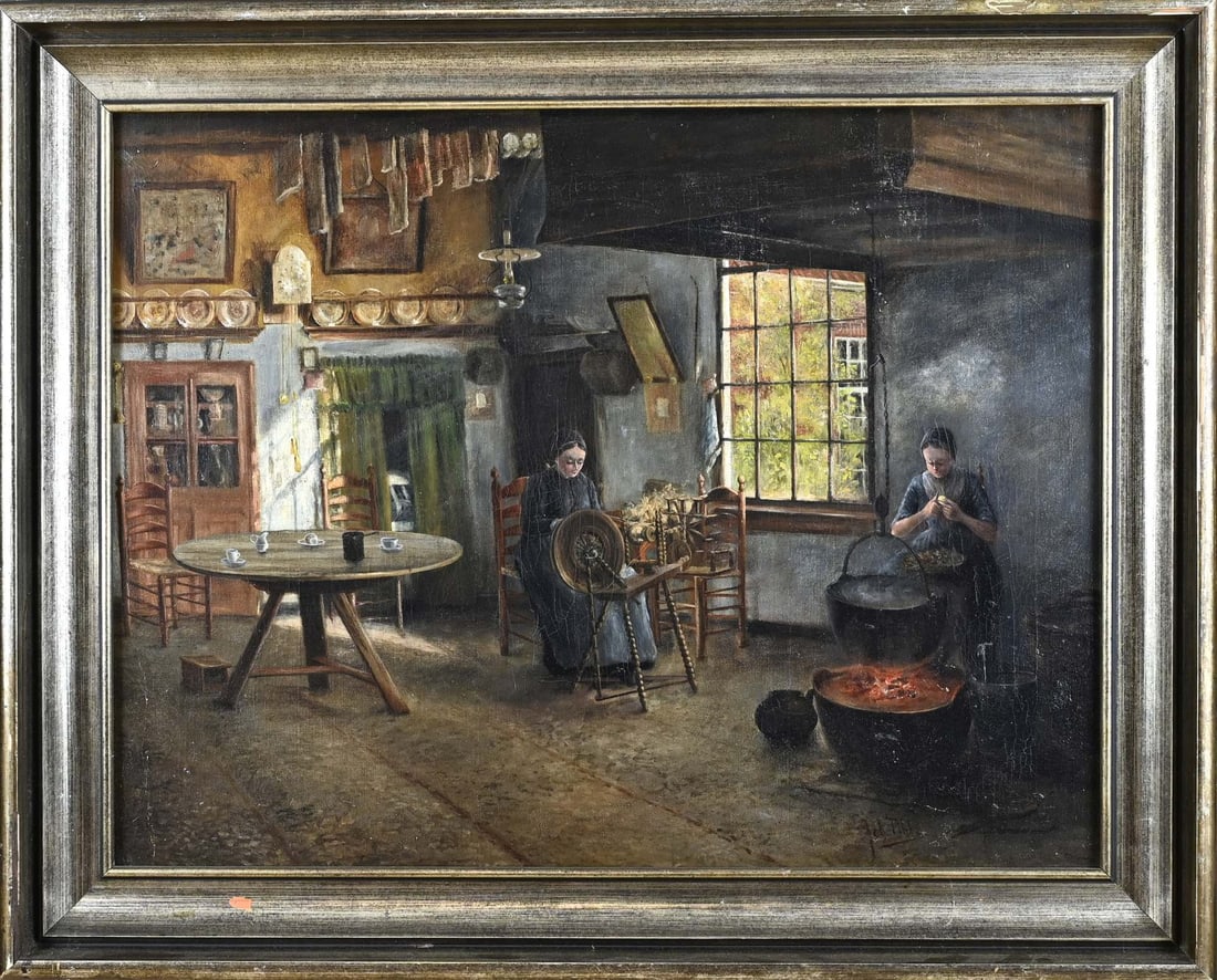 JM Tibbe, Twente interior with farm women: JM Tibbe (Borne). 1875 - 1926. Twente interior with farm women doing needlework. Oil on linen. Dimensions: H 57 x W 73 cm. In good condition.