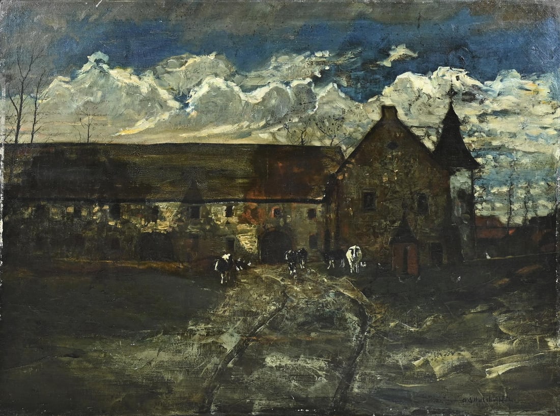 AG Hulshoff Pol, Farm with cows roaming free: AG Hulshoff Pol. 1883 - 1957. Farm with cows walking out. Oil on canvas. Dimensions: H 77 x W 100 cm. In good condition.