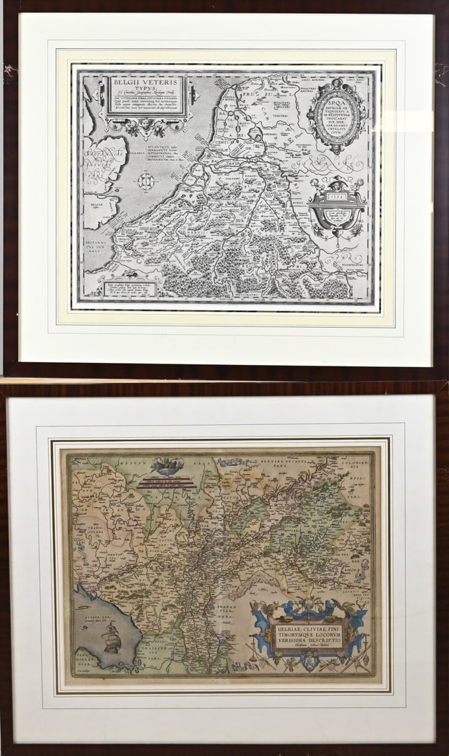 2x Antique map: Two antique maps. 1x Belgii Veteris Typus, dated 1594, by A. Ortelius - Antwerp, 1601 - 1640, dimensions: H 41 x W 51 cm. 1x Gelriae Clivial Fini Timorumoye Locotum Verissima Descriptio, by