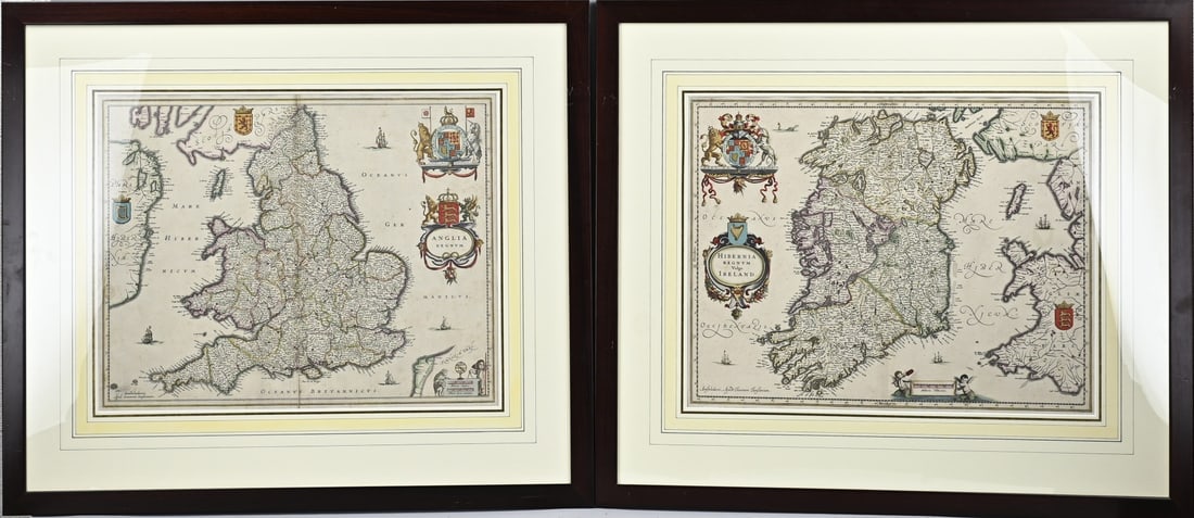 2x Antique map: Two antique maps. 1x Anglia Regnun by Johannes Jansonius, 1588 - 1664, dimensions: H 41 x W 52 cm. 1x Hibernia Regnum Vulgo Ireland, by Johannes Jansonius, 1588 - 1664, dimensions: H 41 x W 52 cm. Eng