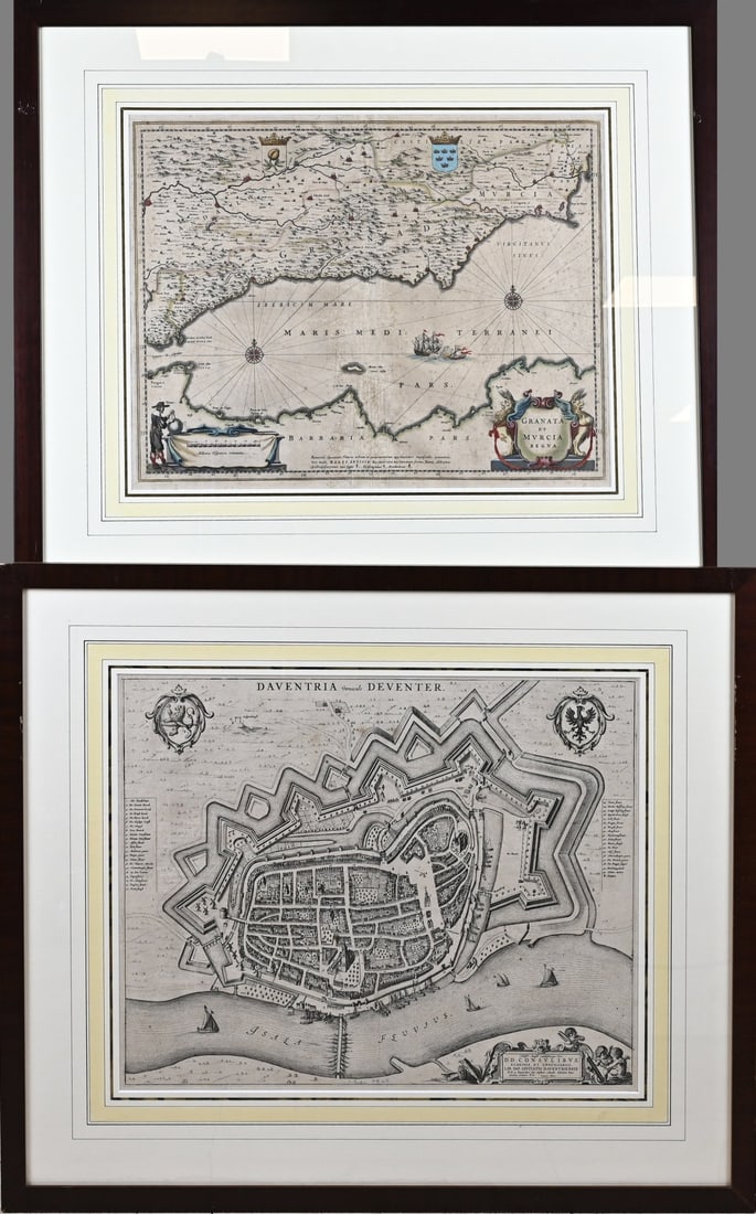 2x Antique map: Two antique maps. 1x Granata et Murcia Regna, circa 1640, by Johannes Blaeu, dimensions: H 42 x W 52 cm. 1x Daventria Vernacule Deventer, Johannes Blaeu, circa 1649, dimensions: H 43 x W 54 cm.