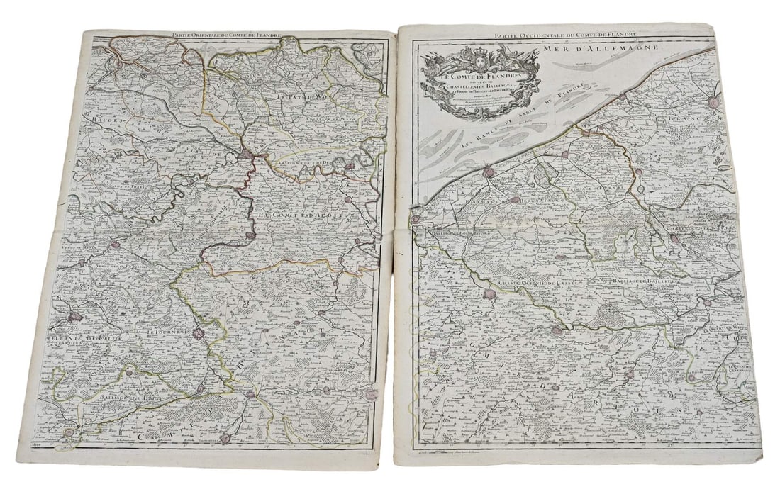 2x Antique map: 2x Antique map. 1x Partie Orientale du Comté de Flandre, circa 1700, dimensions: H 75 x W 55 cm. 1x Le Comte des Flandres Divise en ses Chastellienes Balliages. By Alexis Hubert Jaillot. 1632 -