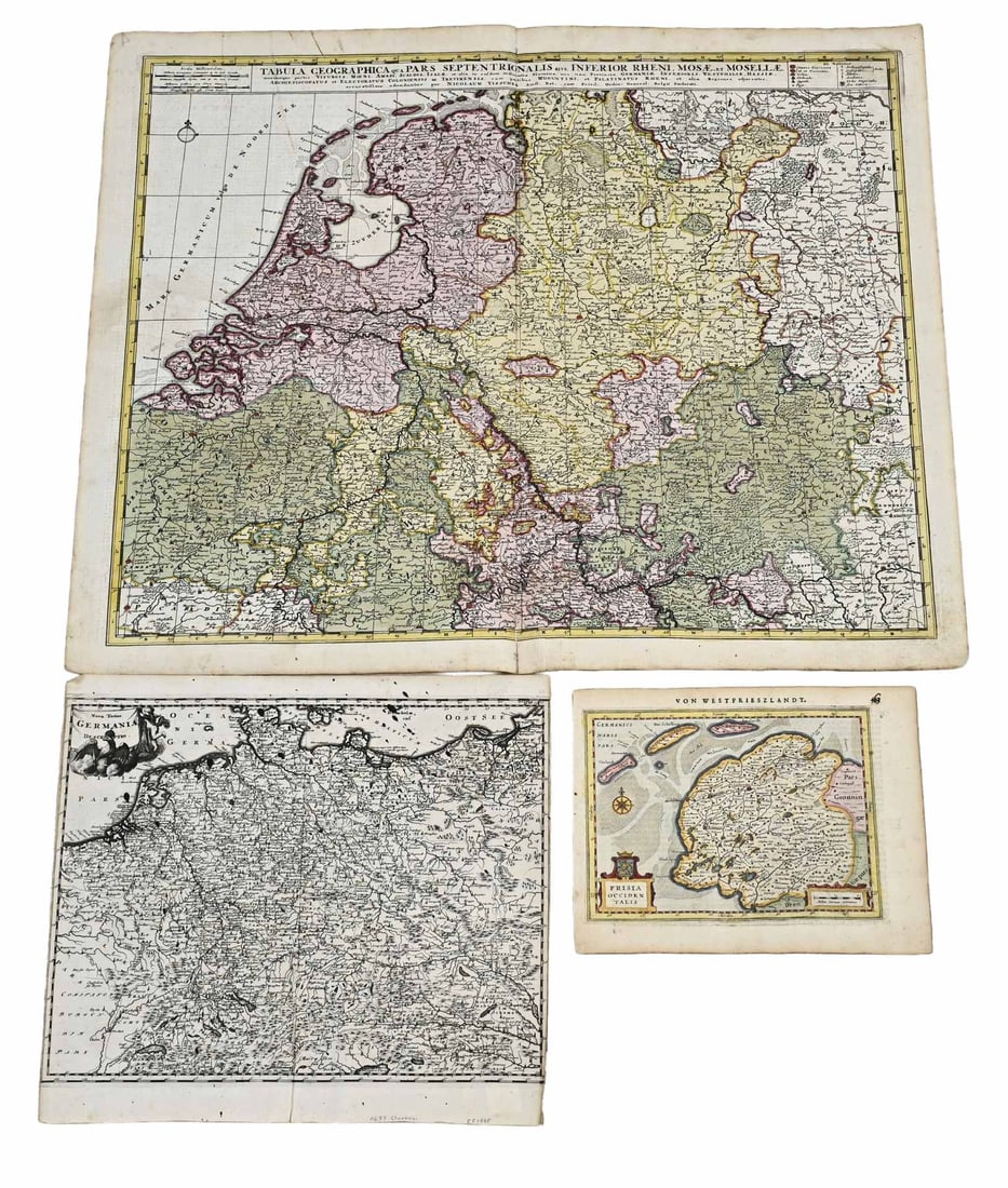 3x Antique map: 3x Antique map. 1x Frisia Occidentalis, circa 1700, 1x H 19 x W 23 cm. Nova Totius Germania descerpio from 1697 by Cluverius, dimensions: H 30.5 x W 32 cm. 1x Tabula Geogrphica qua Pars