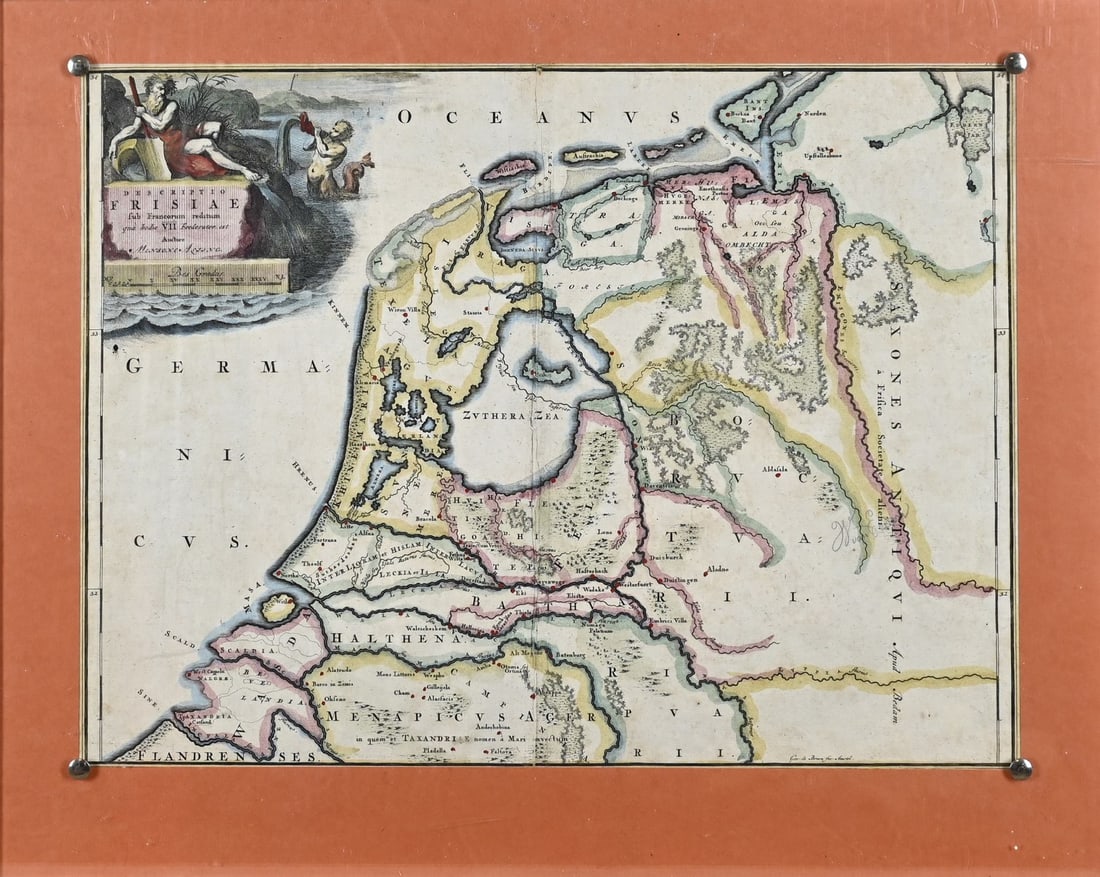 2x Antique Dutch map: Two antique Dutch maps, double-sided in PVC frames. 1x Hand-colored map, Frisiae, 17th century, by Mensone Asiing. 1x New Map, vd Alblasser-Waart, Lang van Gorkum Atena etc., circa 1700. Dimensions: 2