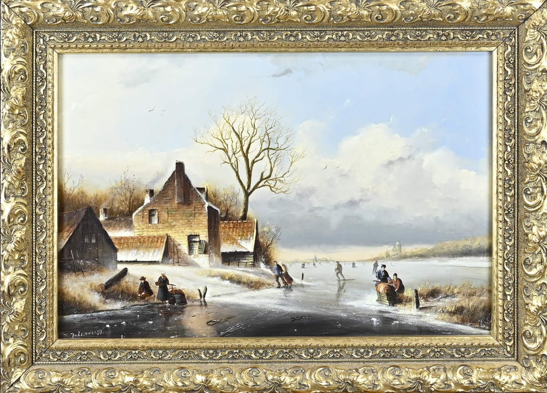 J. van Leeuwen, Romantic winter scene: J. van Leeuwen, '97. Romantic Dutch winter scene with ice fun. Oil on panel. Dimensions: H 40 x W 60 cm. In good condition.