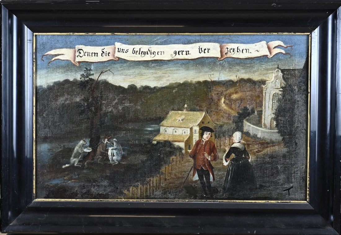 Baroque painting with saying: German Baroque painting with motto. Circa 1800. 'Denen die uns Belijdigen gern der Zeijhen', village scene with figures. Oil on canvas. Two tears. Dimensions: H 42 x W 67 cm. In reasonable condition.