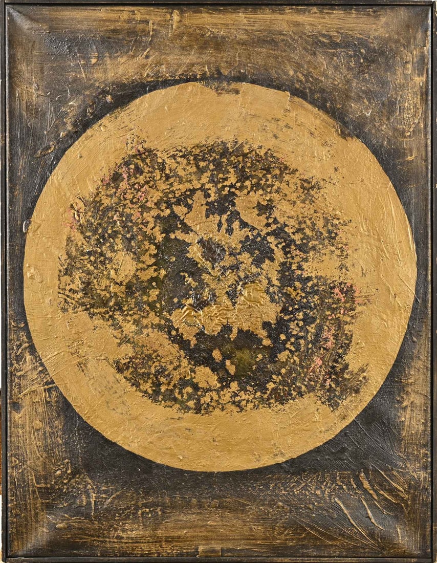 Mario Eloy, Composite II: Mario Eloy. 1900 - 1951. Title: Composite II. In black/gold. Acrylic on linen. Dimensions: H 65 x W 50 cm. In good condition.