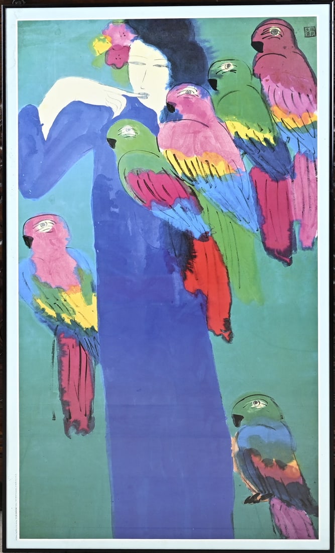 Wallasse Ting, Woman with tropical birds: Walasse Ting. 1929 - 2010. Offset print. Woman with tropical birds. Offset on paper. Dimensions: H 95 x W 51 cm. In good condition.
