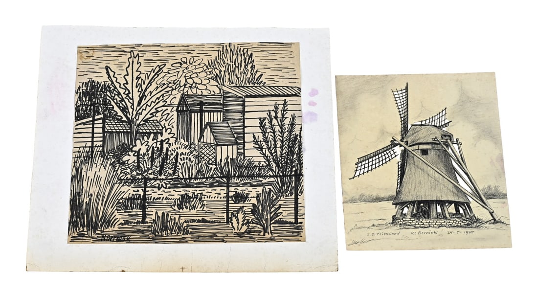 2x Klaas Bernink, Farm + windmill: Two drawings by Klaas Bernink. 1913 - 1996 Glanerbrug. Including: farm + windmill southeast Friesland. Felt-tip pen + charcoal on paper. 1945. Dimensions: 25 x 30 cm. In good condition.