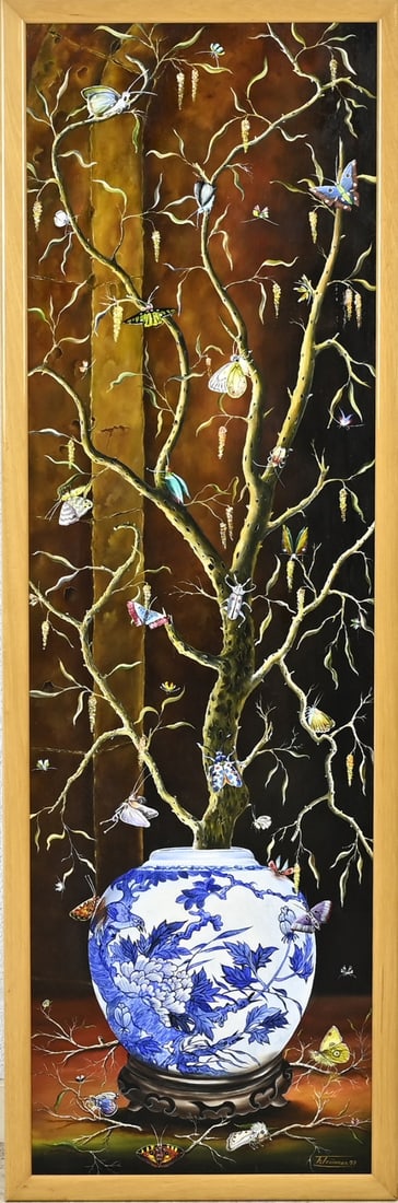 F. Trumper, Chinese vase: F. Trümper, '97. Enschede. Chinese vase with plant and various butterfly species. Oil on panel. Dimensions: H 98 x W 30 cm. In good condition.