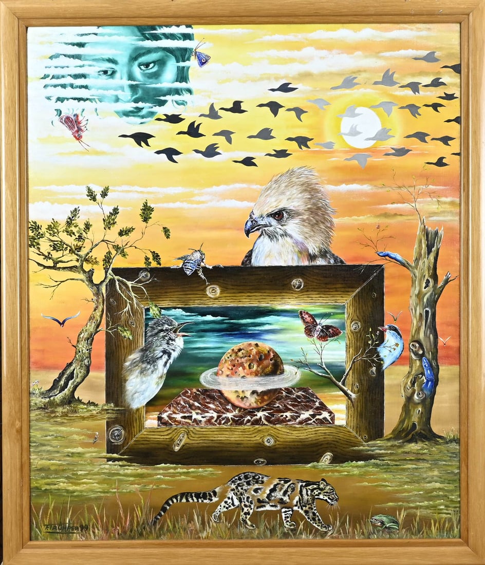 F. Trümper, Surrealist: F. Trümper. '99. Enschede. Surreal landscape with animal species. Oil on canvas. Dimensions: H 60 x W 50 cm. In good condition.
