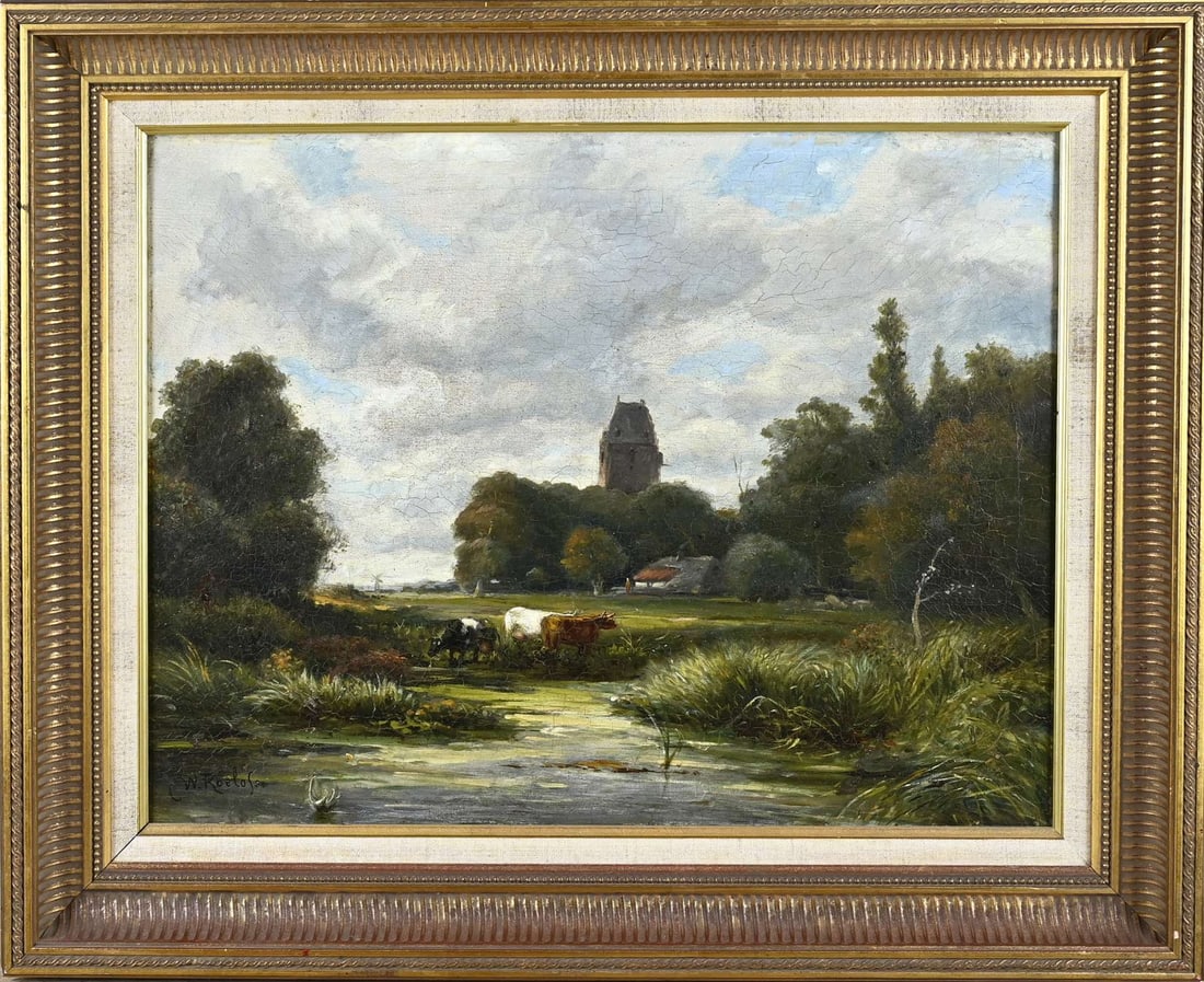 CW Roelofs, Cows in a landscape: CW Roelofs. Circa 1900. Dutch landscape with cows. Hague School style. Older lining on linen. Dimensions: H 51 x W 41 cm. In good condition.