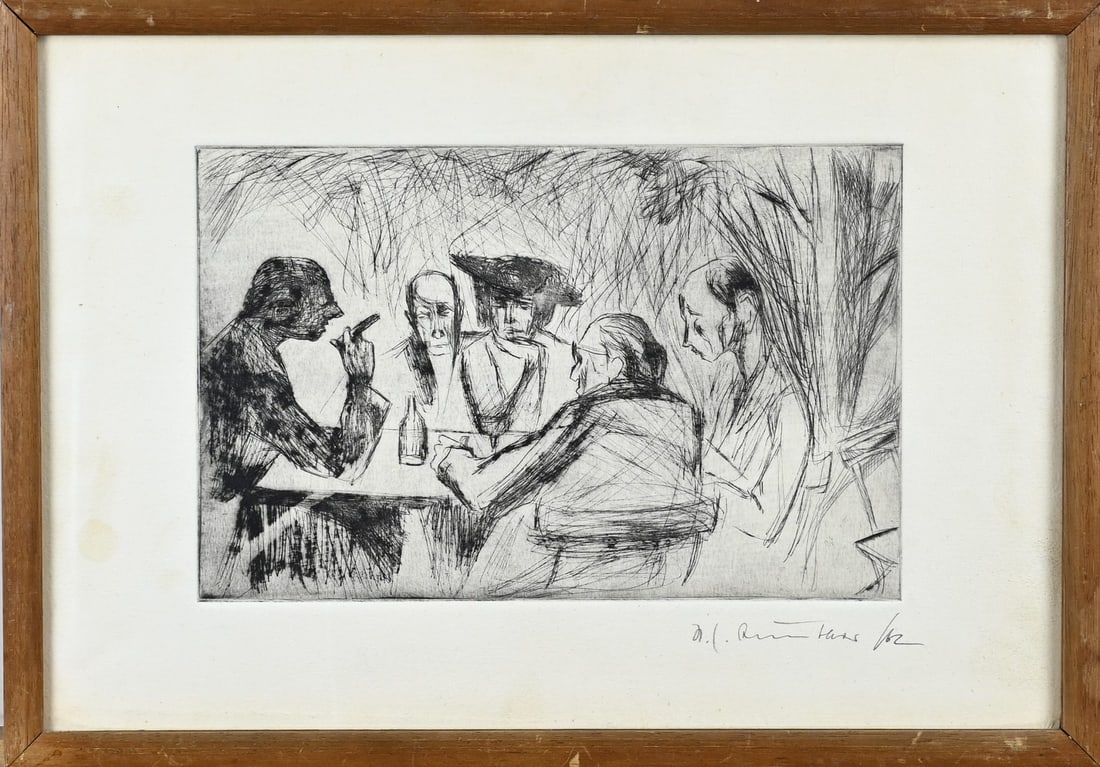 Painting, Expressionist: Etching. Signed indistinctly. German Expressionist School, in the style of Lovis Corinth. Figures at a table. Etching on paper. Dimensions: H 26 x W 39 cm. In good condition.