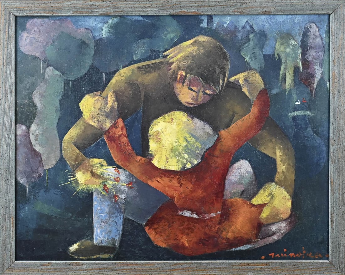 Tjeerd Tuinstra, Playing in the park: Tjeerd Tuinstra. 1916 - 2001 Franeker. Title: Playing in the park. Oil on board. Dimensions: H 73 x W 60 cm. In good condition.