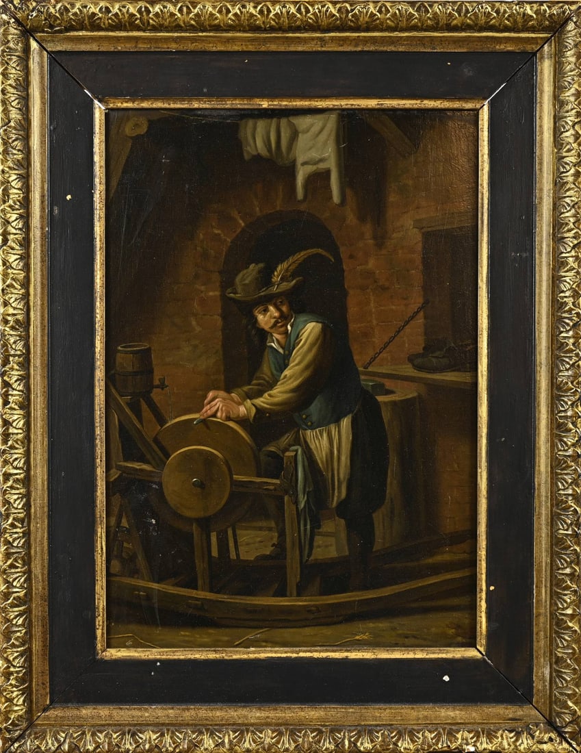 Painting, Knife Sharpener: Painting. Unsigned? Knife Sharpener. Oil on panel. Dimensions: H 32 x W 23 cm. In good condition.