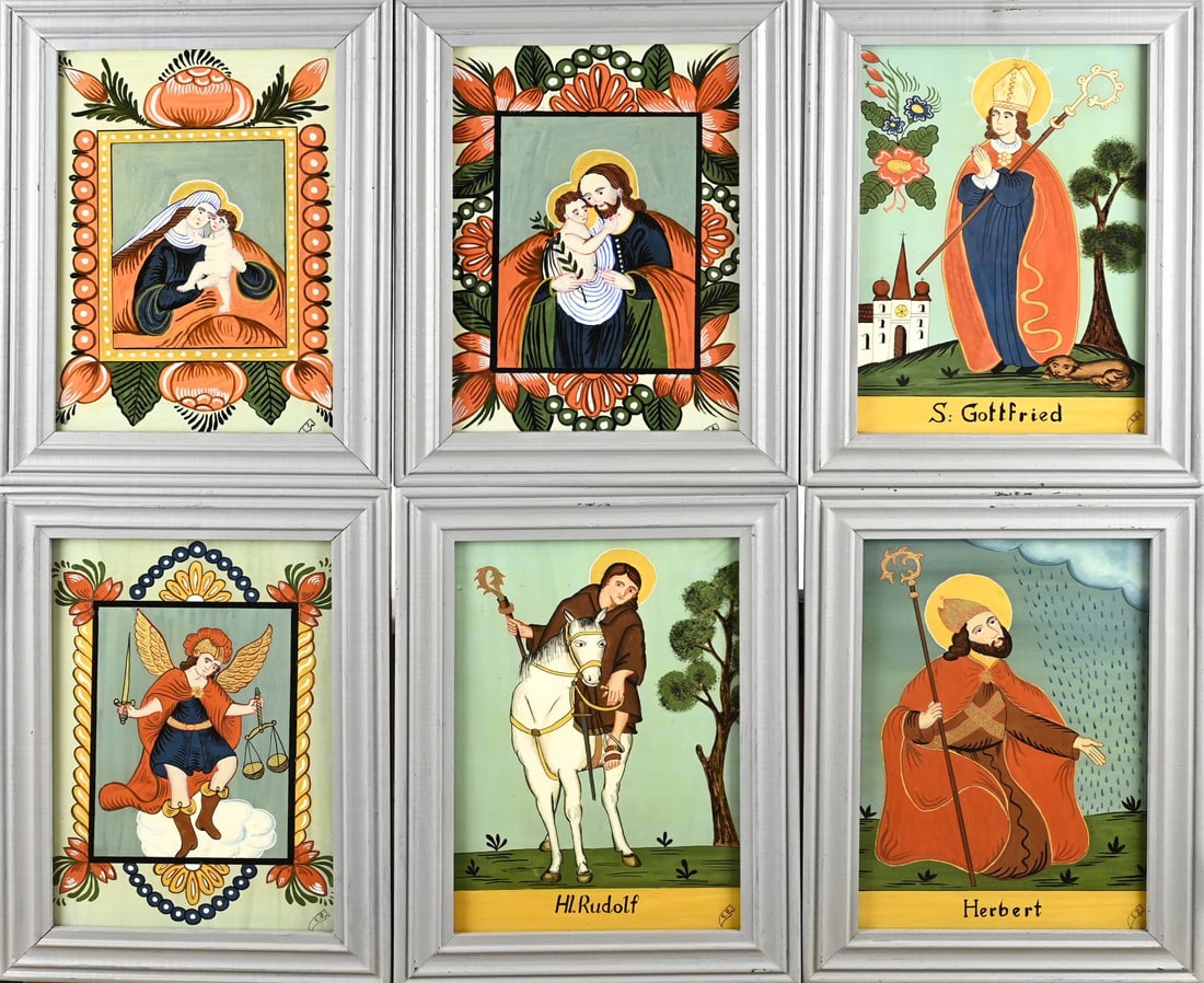 6x Painting behind glass: Six old/antique reverse-glass paintings with Saints. Germany. Dimensions: H 22 x W 15 cm. In good condition.