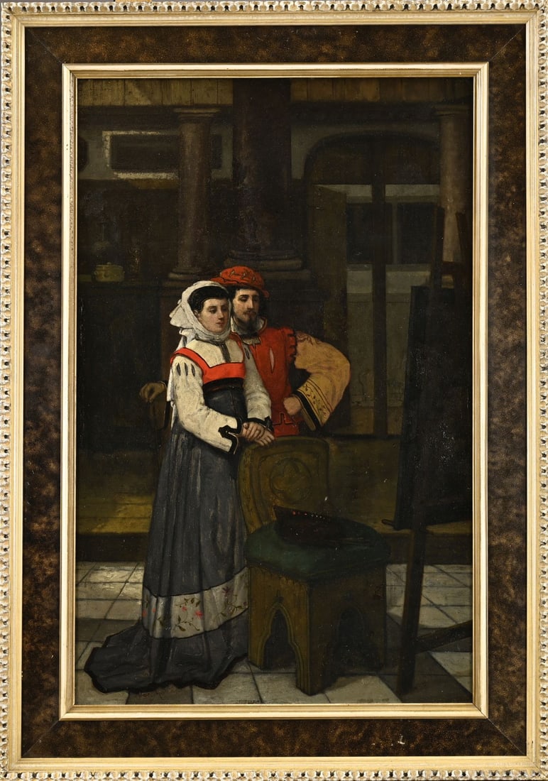 Francois Dumont, Italian couple in interior: Francois Dumont. 1850 – 1920. Italian couple in an interior. Oil on panel. Dimensions: H 66 x W 42 cm. In good condition.