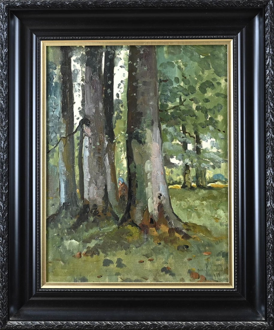 Andries Verleur, Forest View: Andries Verleur. 1876 - 1953. Forest View. Oil on canvas. Marouflé. Dimensions: H 48 x W 37 cm. In good condition.