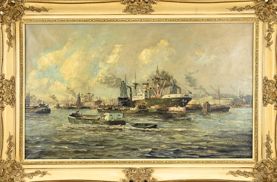 H. de Terwent? Harbour View of Rotterdam: H. de Terwent? Circa 1940. Harbour View of Rotterdam. Oil on canvas. Dimensions: H 60 x W 100 cm. In good condition.