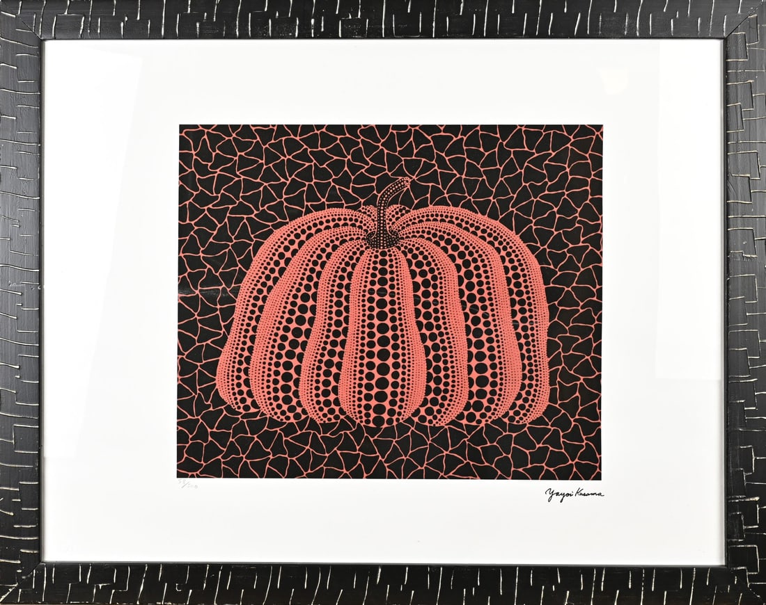 Emphasis Yayoi Kusama, Pumpkin: Yayoi Kusama. Reprint. No. 58/500. 1929 - . Pumpkin. Print on paper. Dimensions: H 33 x W 39 cm. In good condition.