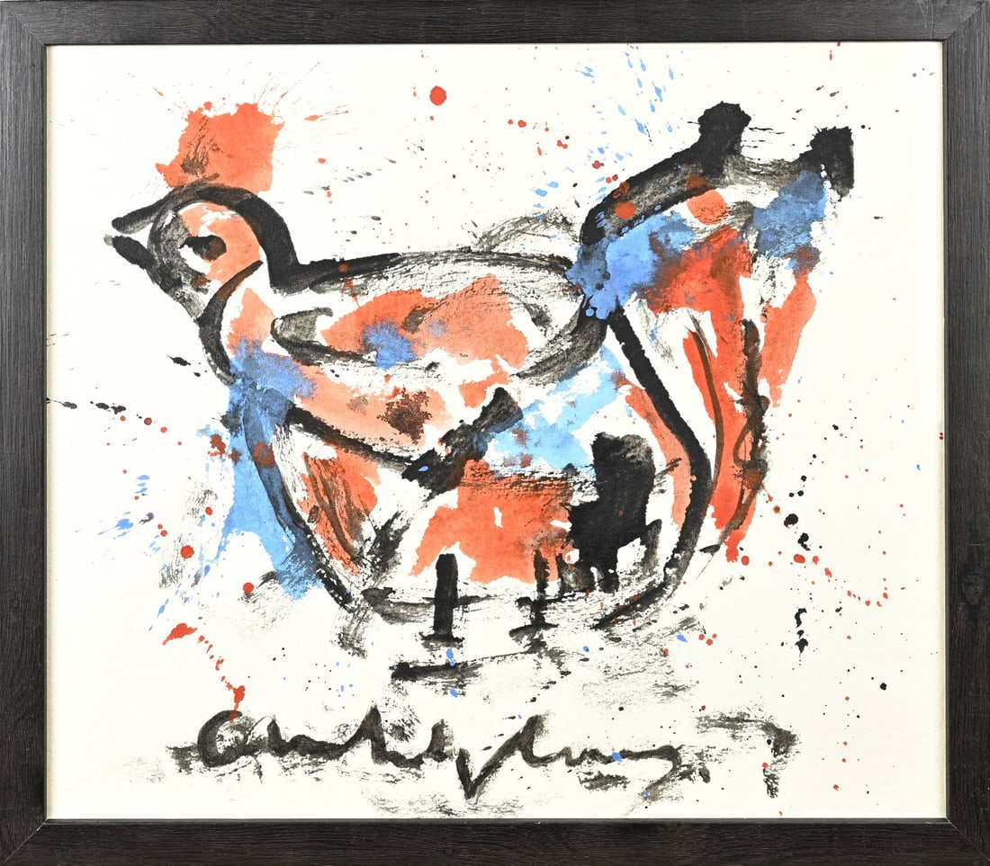 Anton Heyboer, Splashing Chicken: Anton Heyboer. 1924 - 2005. Splatter Chicken. Poster paint on paper. Dimensions: H 35 x W 40 cm. In good condition.
