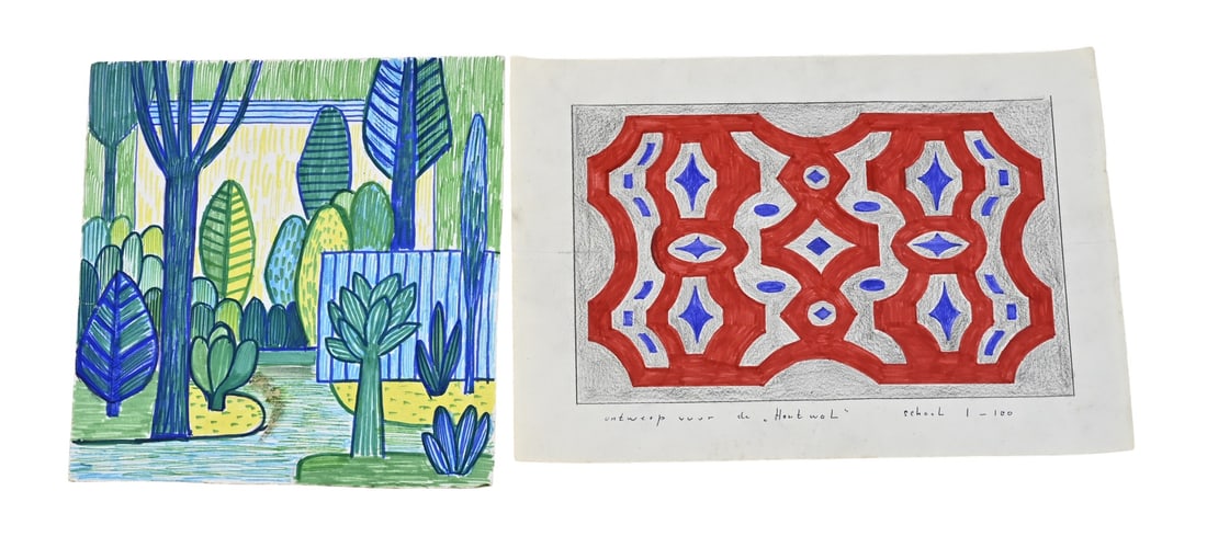 2x Klaas Bernink, de Houtwal + Parkgezicht: Two works by Klaas Bernink. 1913 - 1996 Glanerbrug. 1x Design for the Houtwal. 1x Park View. Provenance from the Klaas Bernink family. Mixed media on paper. Dimensions: 22 x 31 cm. In good condition.