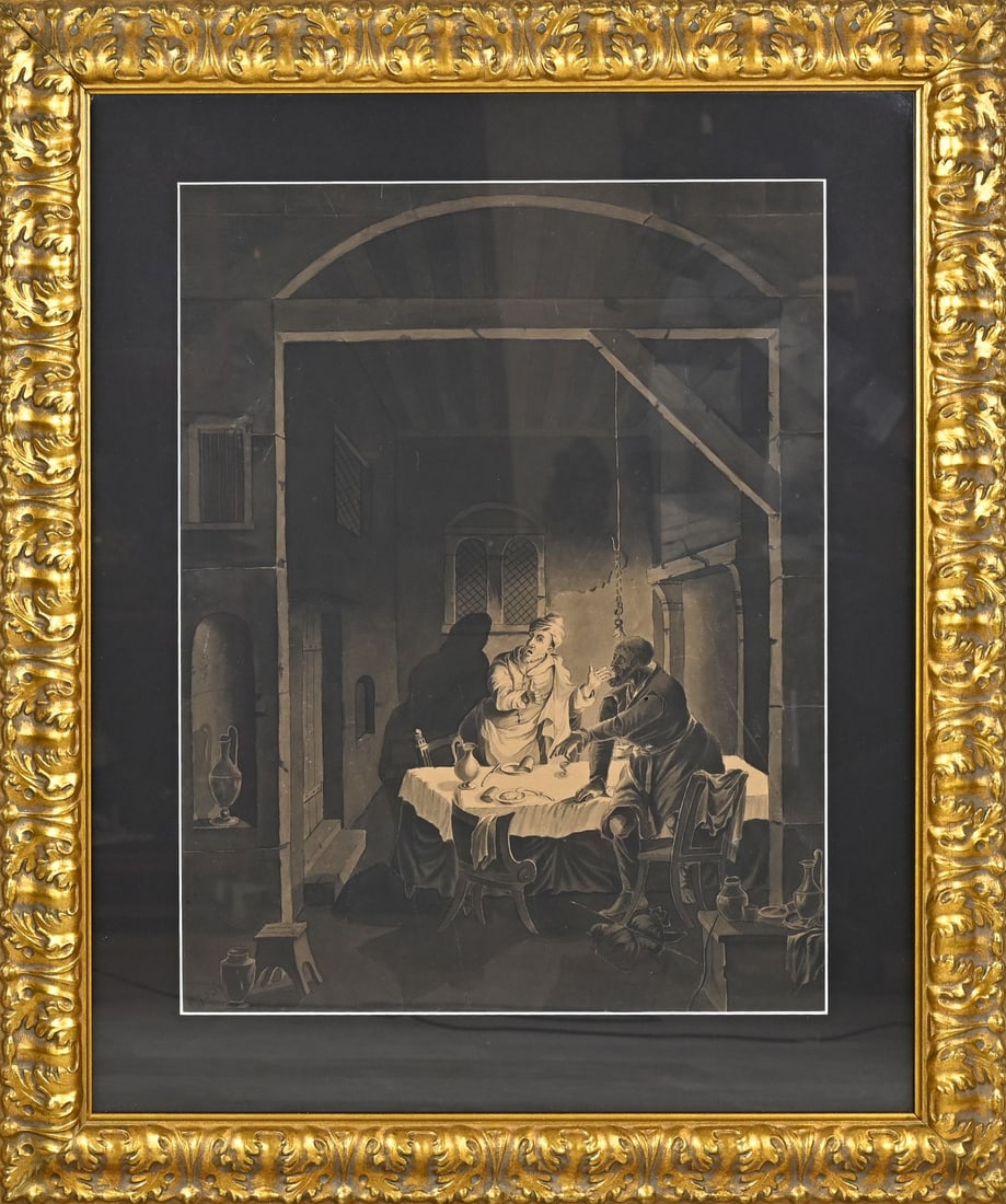Pinxit. Joachim de Beer, Figures in interior: Pinxit. Joachim de Beer. 1750 - 1777. Dutch School. Figures in interior. Sepia on paper. Dimensions: H 62 x W 47 cm. In good condition.