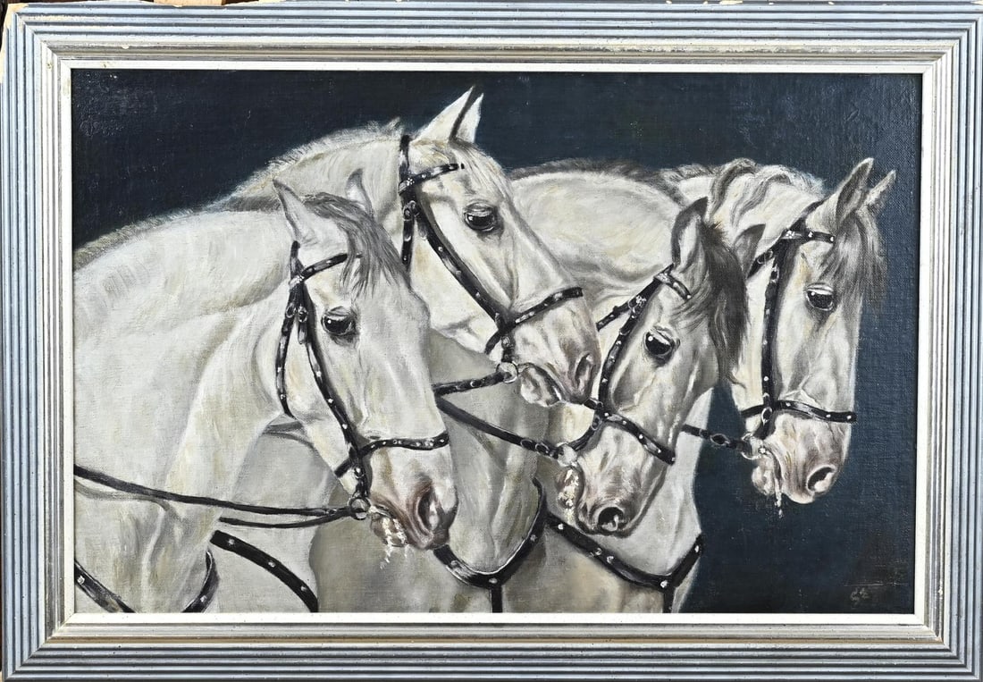 Painting, Four-horse team: Painting, indistinct monogram. Four-horse team. Oil on linen. Marouflé. Dimensions: H 33 x W 50 cm. In good condition.