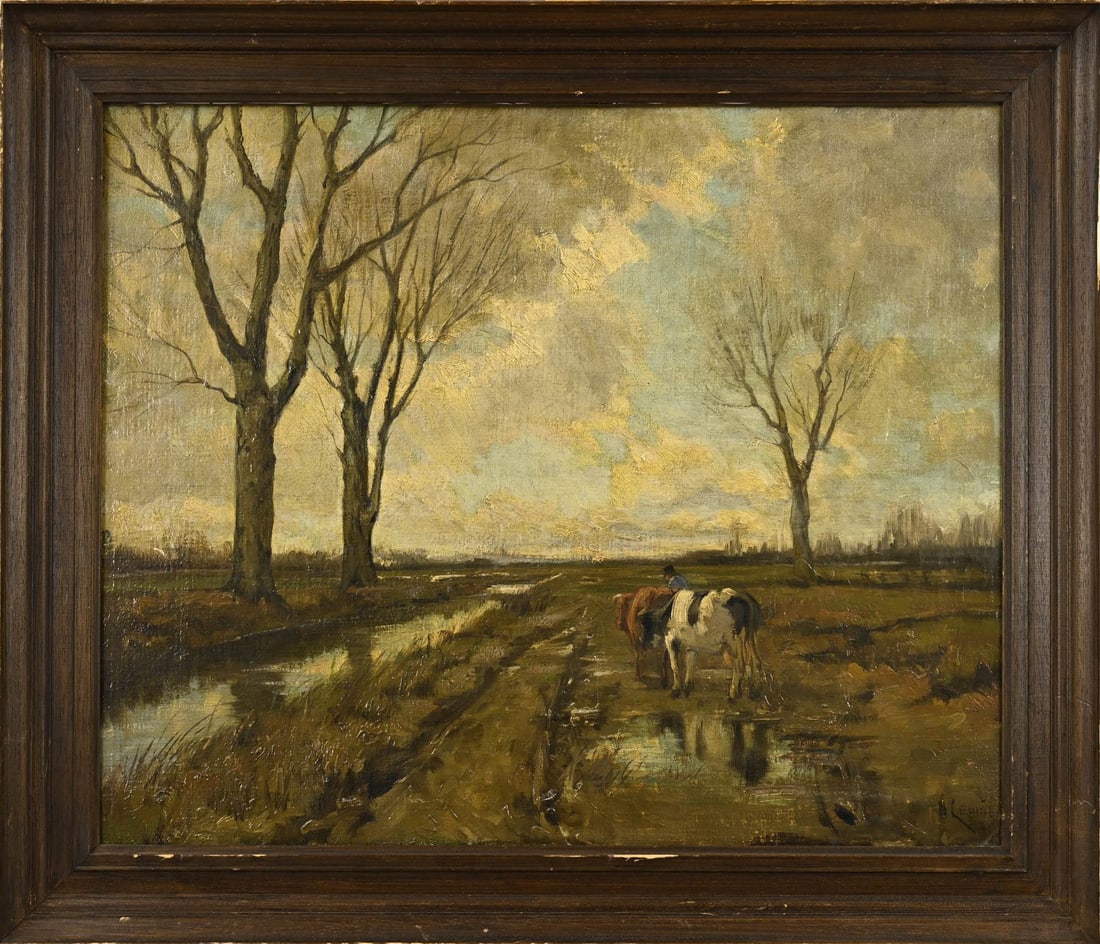 A. Lennig, Landscape with cows: A. Lennig. Landscape with cows and farmer. Oil on linen. Dimensions: H 55 x W 65 cm. In good condition.