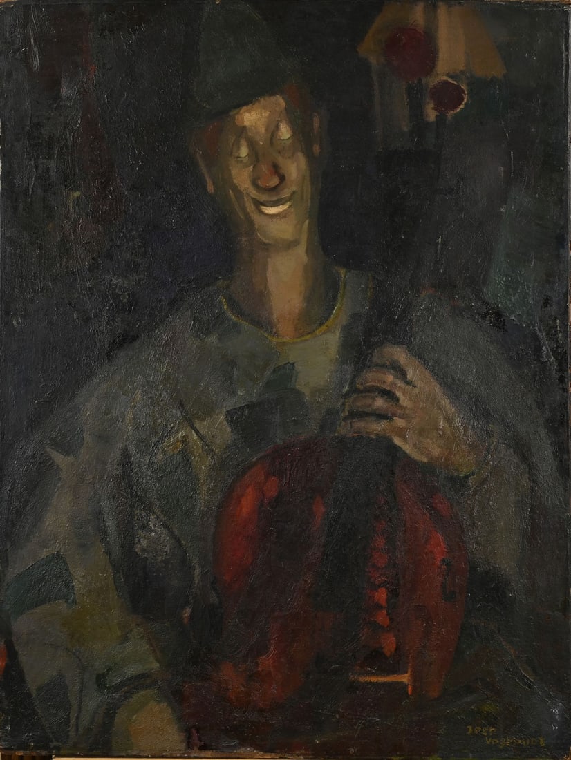 Joep Vogtschmidt, Clown with instrument: Joep Vogtschmidt. 1905 - 1971. Clown with instrument. Oil on canvas. Dimensions: H 93 x W 69 cm. In reasonable condition.