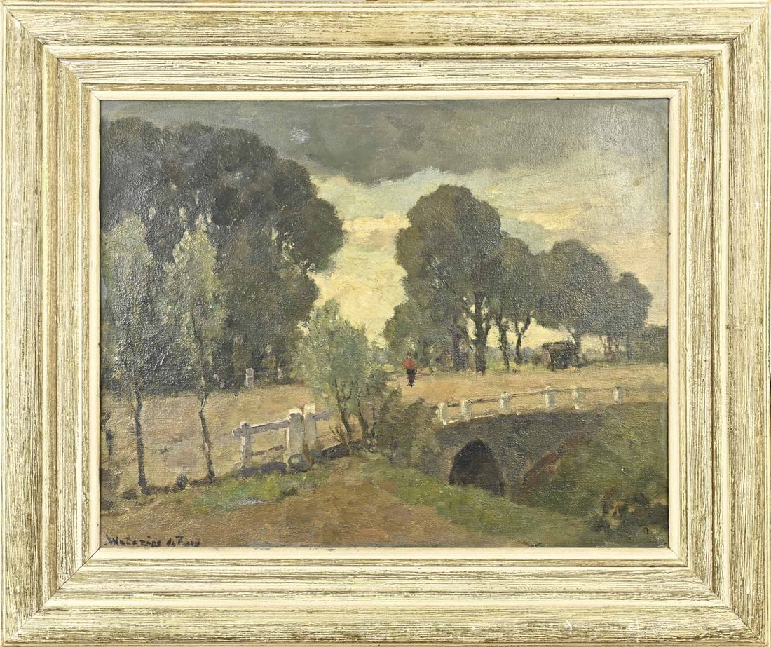 van de Wetering de Rooy, Landscape: van de Wetering de Rooy. 1877 - 1972. Landscape with figure on bridge. Oil on canvas. Dimensions: H 40 x W 50 cm. In good condition.