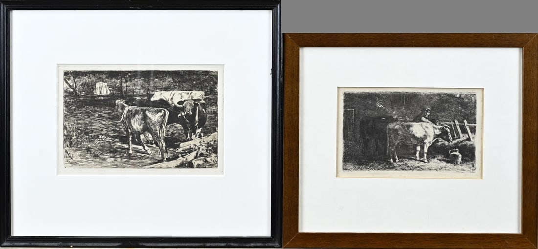 Jan Vrolijk/W. de Zwart, 2x Etching: Two antique Dutch etchings. 1x Willem de Zwart, 1862 - 1931, landscape with cows, dimensions: H 14 x W 21 cm. 1x Jan Vrolijk, 1845 - 1894, stable with farmer and cows, dimensions: H 11 x W 18 cm. Etch