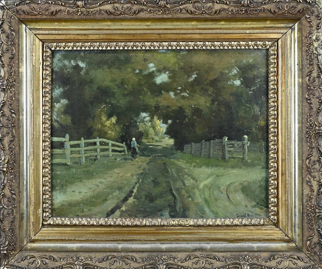 G. Krol, Twente country road: Gerard Krol. 1882 - 1950 Enschede. Twente country road with a farmer's wife. Oil on artist's cardboard. Dimensions: H 35 x W 45 cm. In good condition.