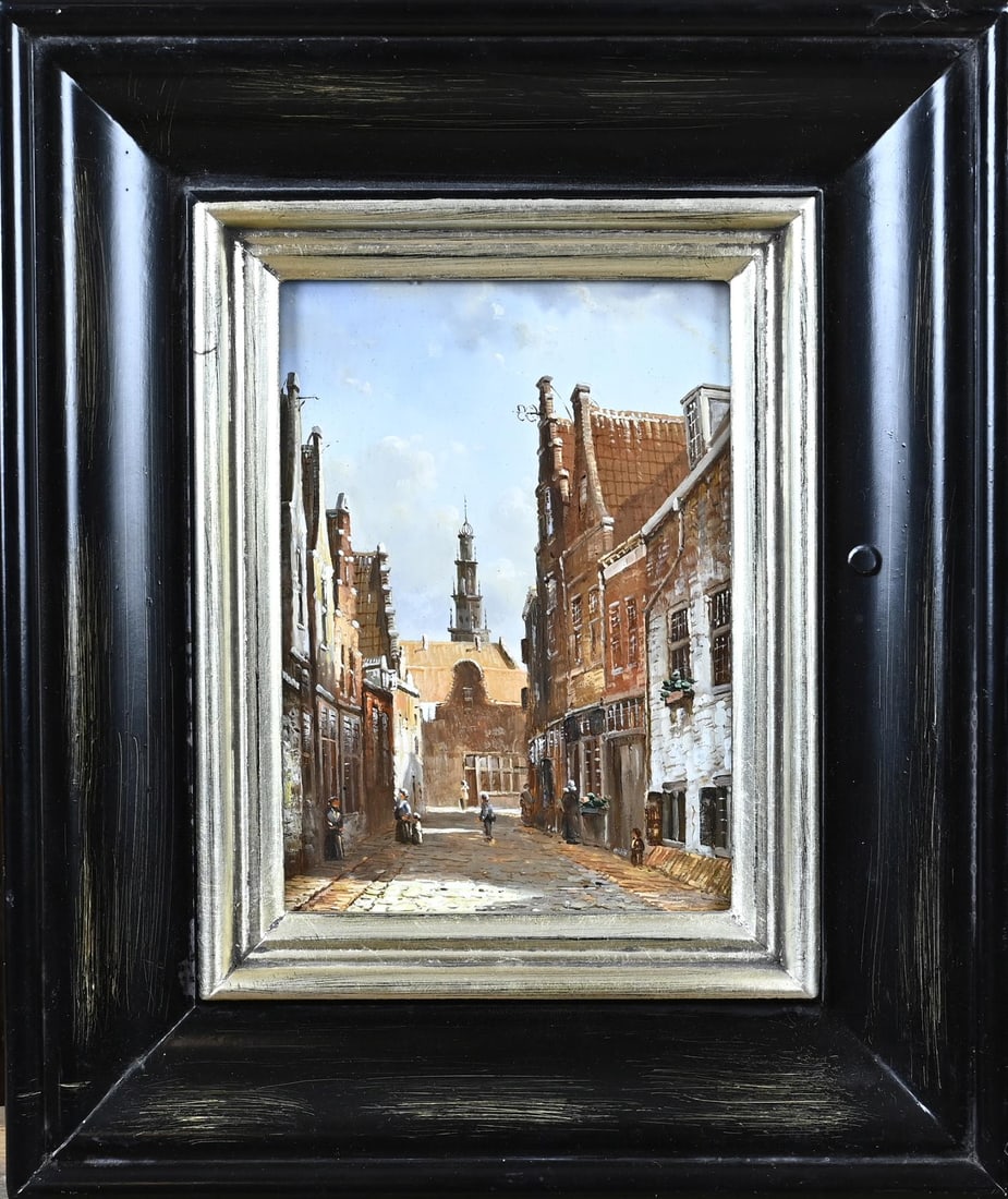 Painting, Dutch city view: Unsigned. Second half of the 20th century. Dutch city view with figures. Oil on panel. Dimensions: H 18 x W 13 cm. In good condition.