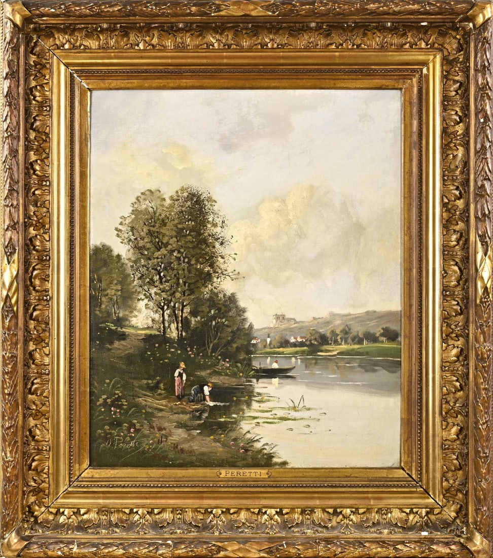 Peretti, German river view: Peretti. Circa 1900. German river landscape with figures. Oil on linen on panel. Marouflé. Dimensions: H 57 x W 46 cm. In reasonable condition.