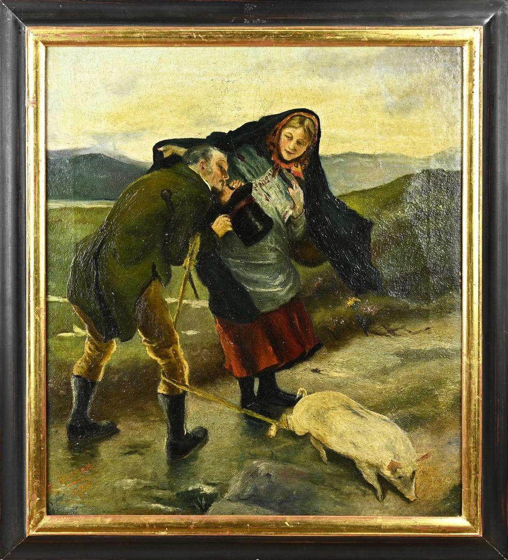 FJ Moyson, Man hides under coat......: FJ Moyson, 1926. English School. Man hiding under a coat next to a woman with a pig. Oil on canvas. Dimensions: H 40 x W 35 cm. In good condition.