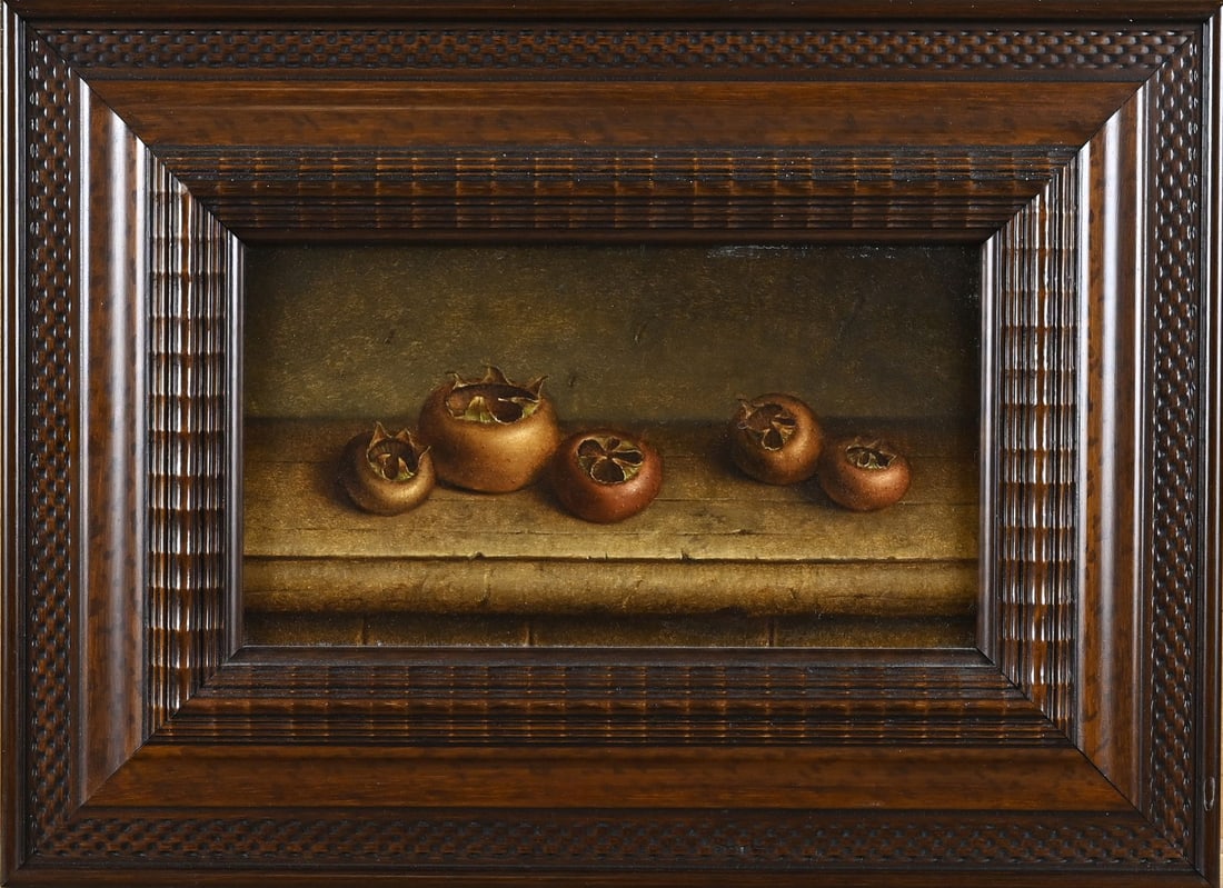 W. Visser, Still Life: W. Visser. 1952 - 1996. Belgian School. Still life with rosehips. Oil on panel. Dimensions: H 14 x W 24.5 cm. In good condition.