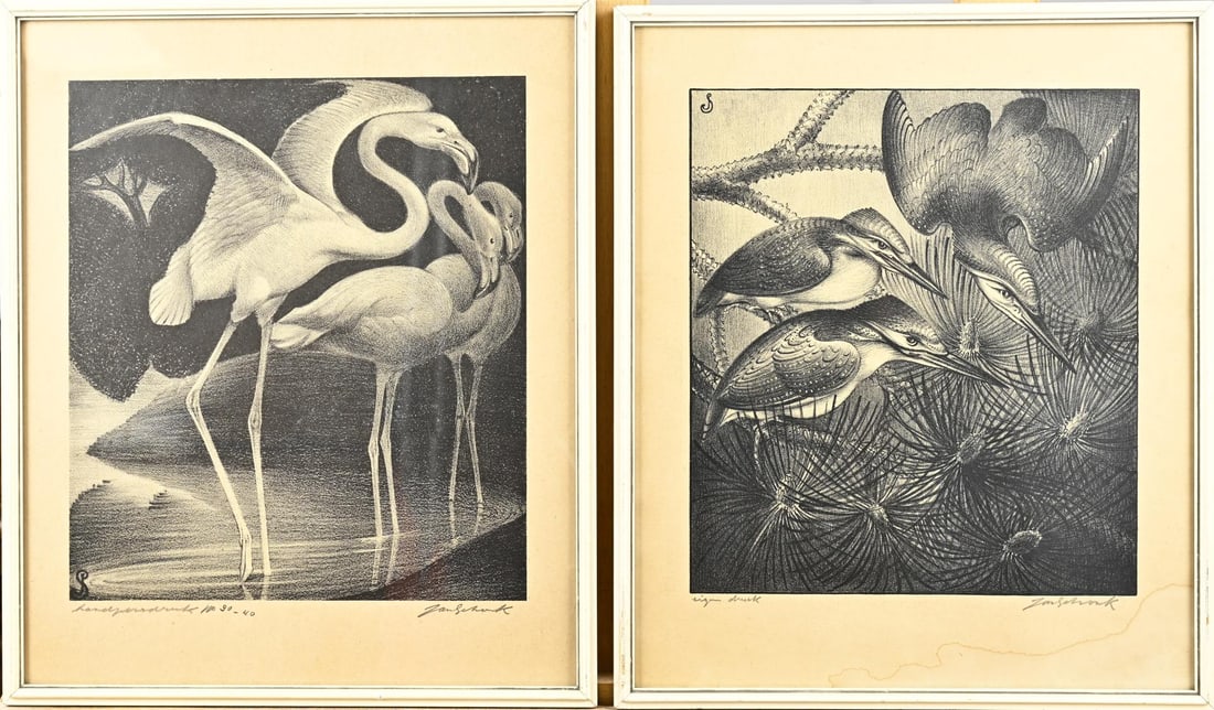 2x Jan Schenk, Kingfishers + Flamingos: Two works by Jan Schonk. 1889–1976. 1x Kingfishers (self-printed). 1x Flamingos (no. 30–40). Lithographs on paper. Dimensions: 24–25 cm. In good condition.
