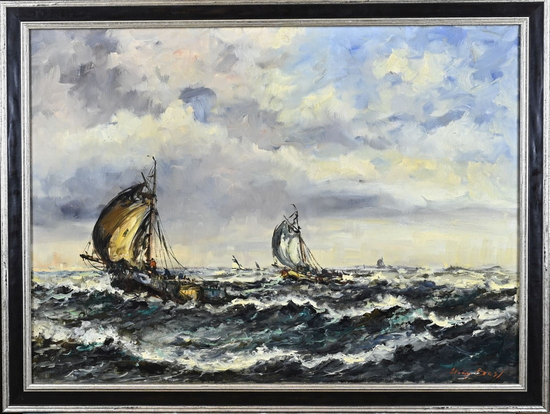Wim Bos, Seascape with Flat-Bottomed Boats: Wim Bos. 1906 - 1974. Seascape with flat-bottomed boats. Oil on canvas. Dimensions: H 60 x W 80 cm. In good condition.