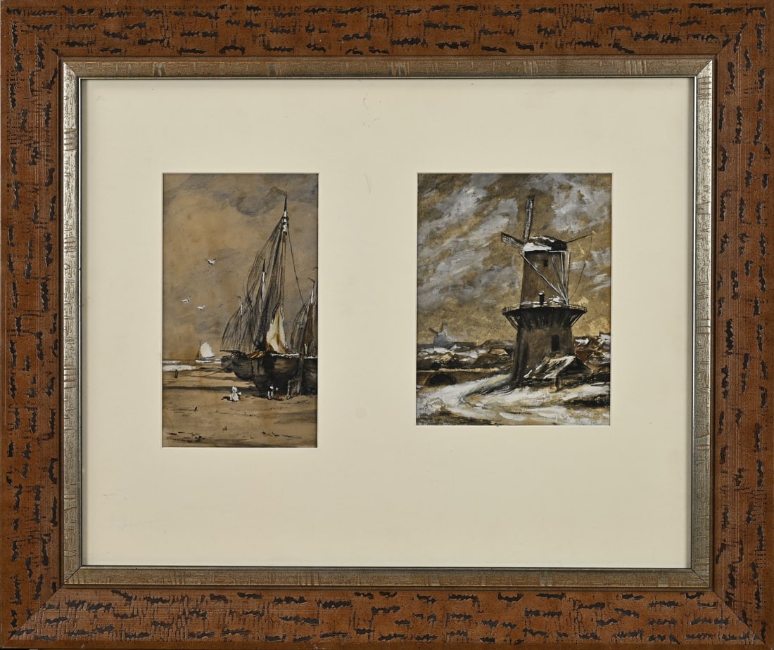 2x Watercolor, Fishing Boat/Windmill: Two antique watercolors. Dutch School. Circa 1900. 1x Fishing boats on the beach. 1x Winter scene with windmill. Mixed media on paper. Dimensions: H 22 x W 13 cm. / H 20 x W 16 cm. In good condition.