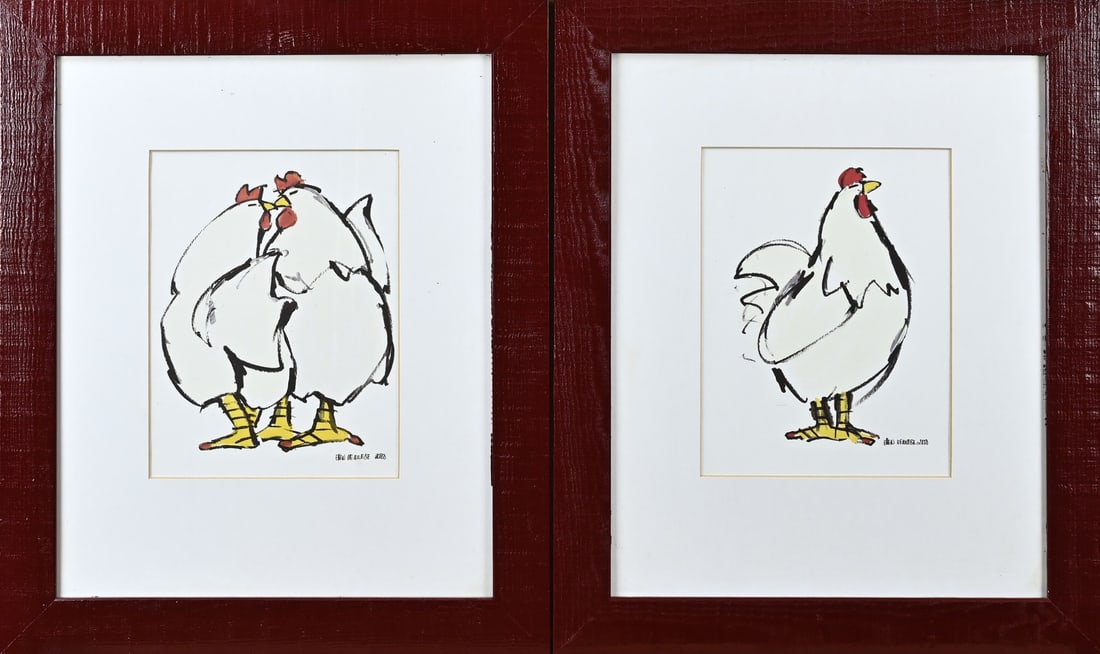 2x Ellen Reunesse, 2x Chicken show: 2x Lithograph, Ellen Reunesse. 2x Chicken illustration. Lithograph on paper. Dimensions: H 25 x W 19 cm. In good condition.