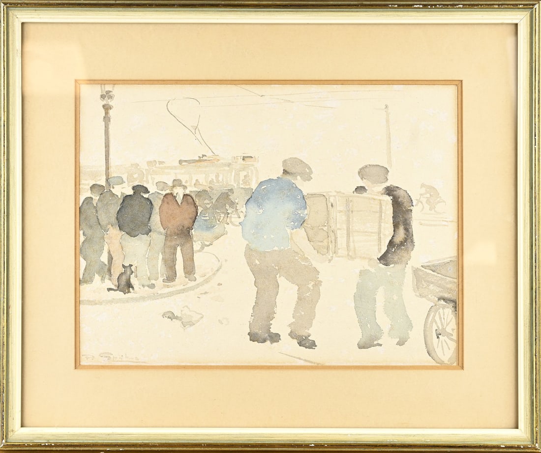 Piet Spijker, Cityscape with tram and figures: Piet Spijker. 1905 - 1972. Cityscape with tram and figures. Watercolor on paper. Dimensions: H 22 x W 29 cm. In good condition.