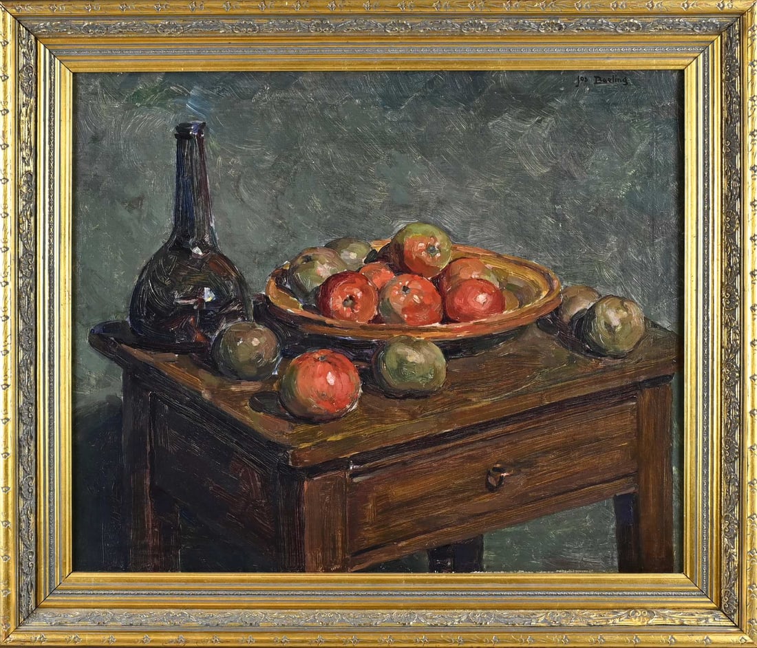 Jos Beeling, Still Life: Jos Beeling. 1890 - 1935, Almelo. Still life with fruit on the table. Oil on canvas. Dimensions: H 50 x W 60 cm. In good condition.