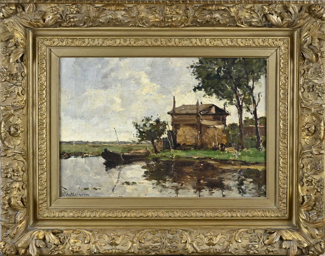 Louis Stutterheim, Polder View with Hay Barn: Louis Stutterheim. 1873 - 1943. Polder landscape with hay barn. Oil on canvas. Dimensions: H 38 x W 50 cm. In reasonable condition.