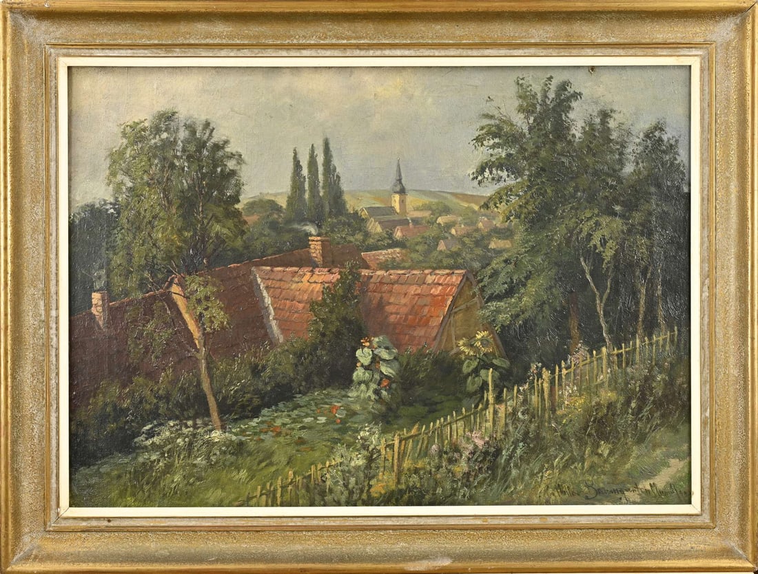 C. Müller Baumgarten, German landscape: C. Müller Baumgarten, Munich. 1879 - 1964. German landscape with view of a village. Oil on canvas. Dimensions: H 50 x W 70 cm. In good condition.
