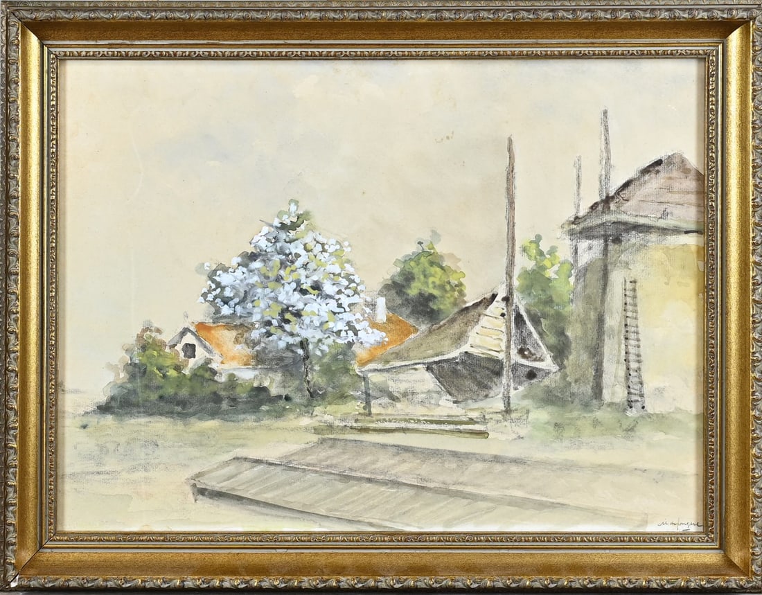 M. de Jongere, Farm with blossoming tree: M. de Jongere. 1912 - 1978. Early work. Farmhouse with blossoming tree. Mixed media on paper. Dimensions: H 35 x W 48 cm. In good condition.