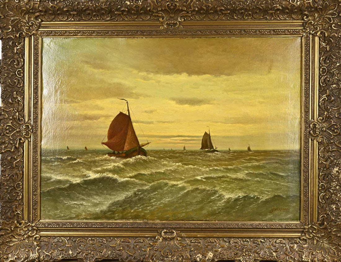 HJ Verhaaf, Flat-bottomed boats on the Zuiderzee: HJ Verhaaf. 1881 - 1970. Flat-bottomed boats on the Zuiderzee. Oil on canvas. Dimensions: H 50 x W 70 cm. In good condition.