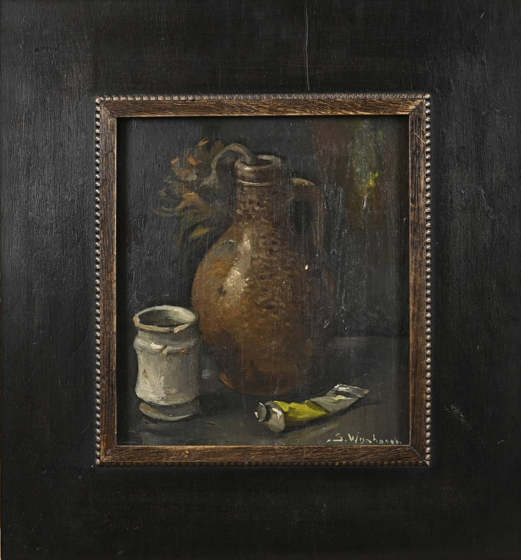 S. Wijnhoven, Still Life: Steff Wijnhoven. 1898 - 1969. Still life with jug. Oil on board. Dimensions: H 25 x W 25 cm. In good condition.
