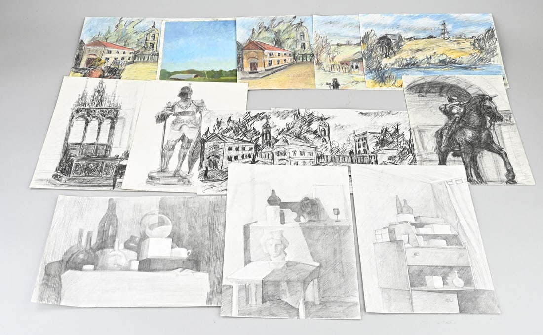 Lot of Russian works (13x): Lot of thirteen Russian works. Second half of the 20th century. Signed by various painters on the verso. Drawings, gouaches, on paper. Dimensions: 30 x 22 cm. In good condition.