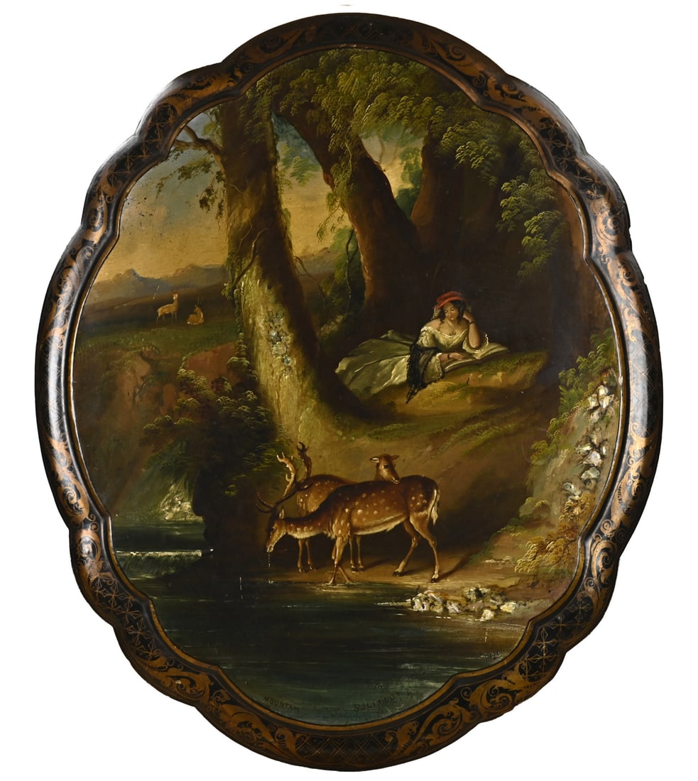 Painted tabletop: 19th-century, oval painted lacquerware tilt-top tabletop with landscape and gold decoration. Contoured border. Titled: Mountain Solitude. Dimensions: 68 x 58 cm. In good condition.